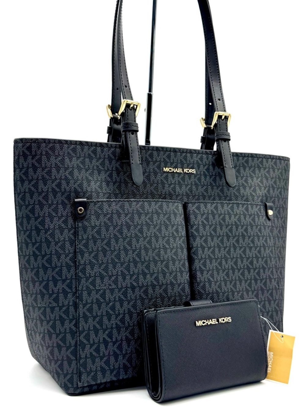 Michael Kors Jet Set Medium Pocket Tote Bag & Matching Bifold Wallet Black